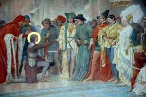 Jeanne in Chinon recognizes the king among her courtiers. Fresco of the Basilica of Domrémy (Photo DR)