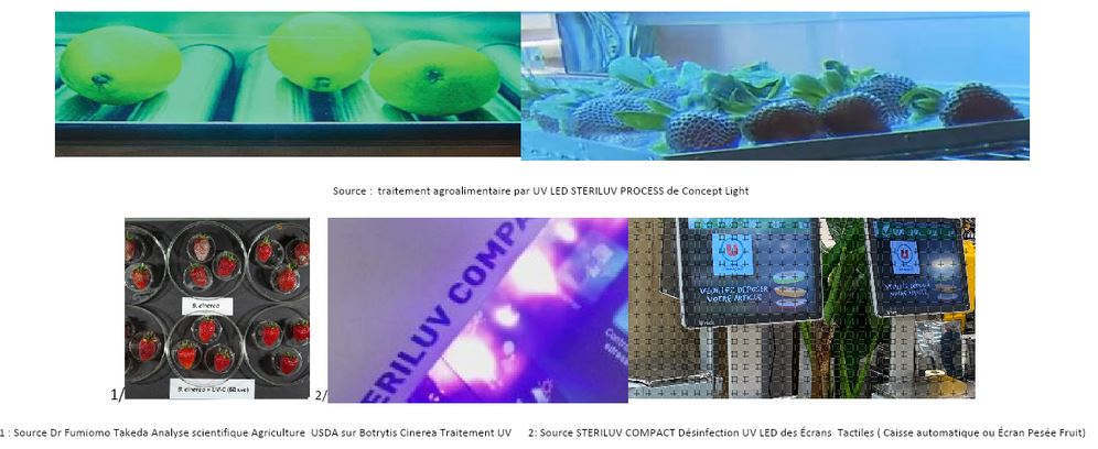 Source : 1 Dr Fumiomo Takeda - USDA UV treatment on Botrytis Cinerea 2 STERILUV COMPACT UV LED disinfection of touch screens (automatic cash register or fruit and vegetable weighing screen)