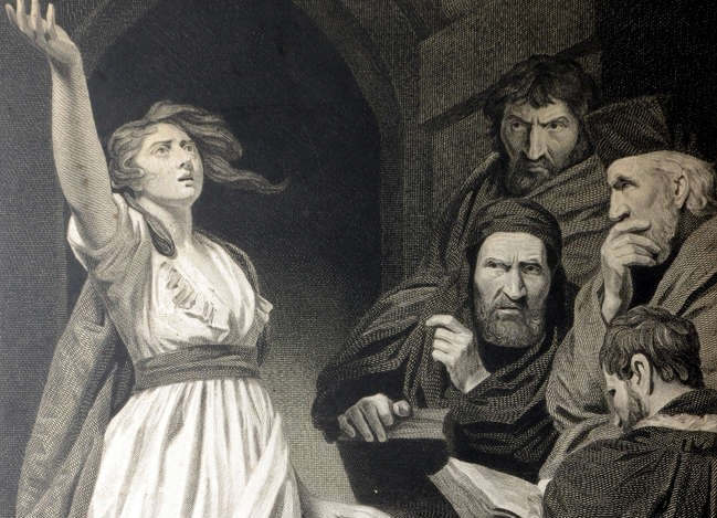 English print (etching) of Joan proclaiming her mission before the doctors of the faith in Poitiers painted by J. OPIE and engraved by T. HOLLOWAY (1796) in Joan of Arc Museum (Johannine imagery).