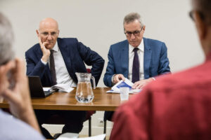 The two presidents of the CSM, Christophe Soulard and François Molins (copyright: Tristan Reynaud /SIPA)