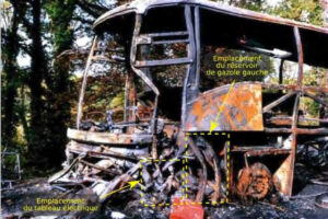Location of fuel tank in charred Puisseguin coach (Photo Gendarmerie)